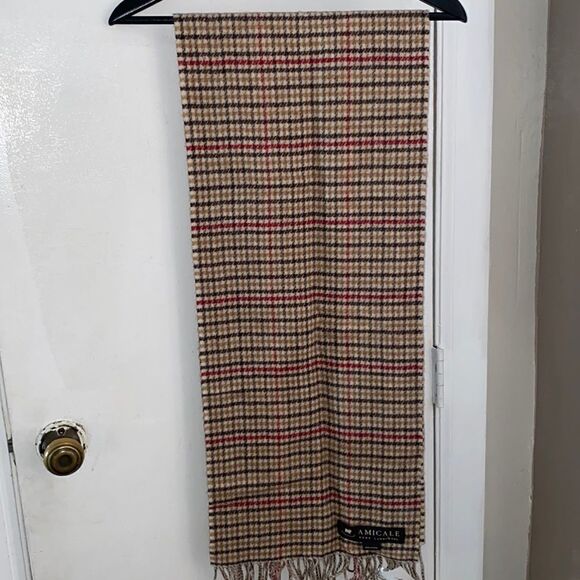 AMICALE Lambswool Tan Plaid Scarf - Picture 1 of 4